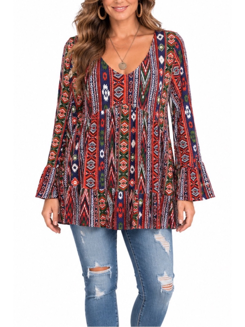 Lovely Melody Boho Geometric Tunic Top – Size Large